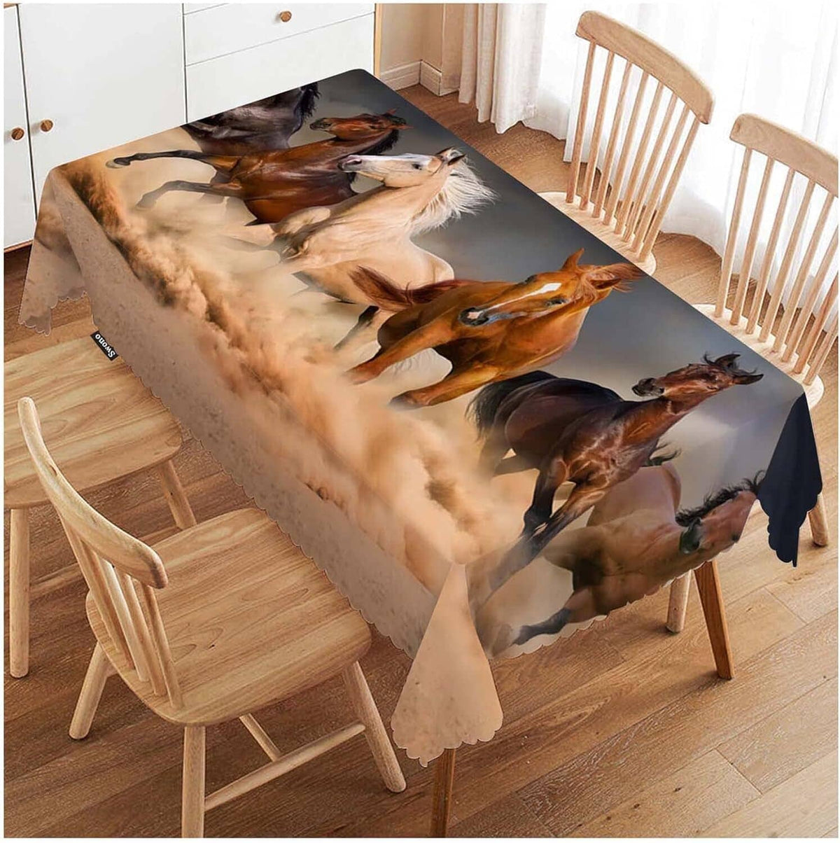 Rectangular horse-print tablecloth with scalloped edge, draped over dining table