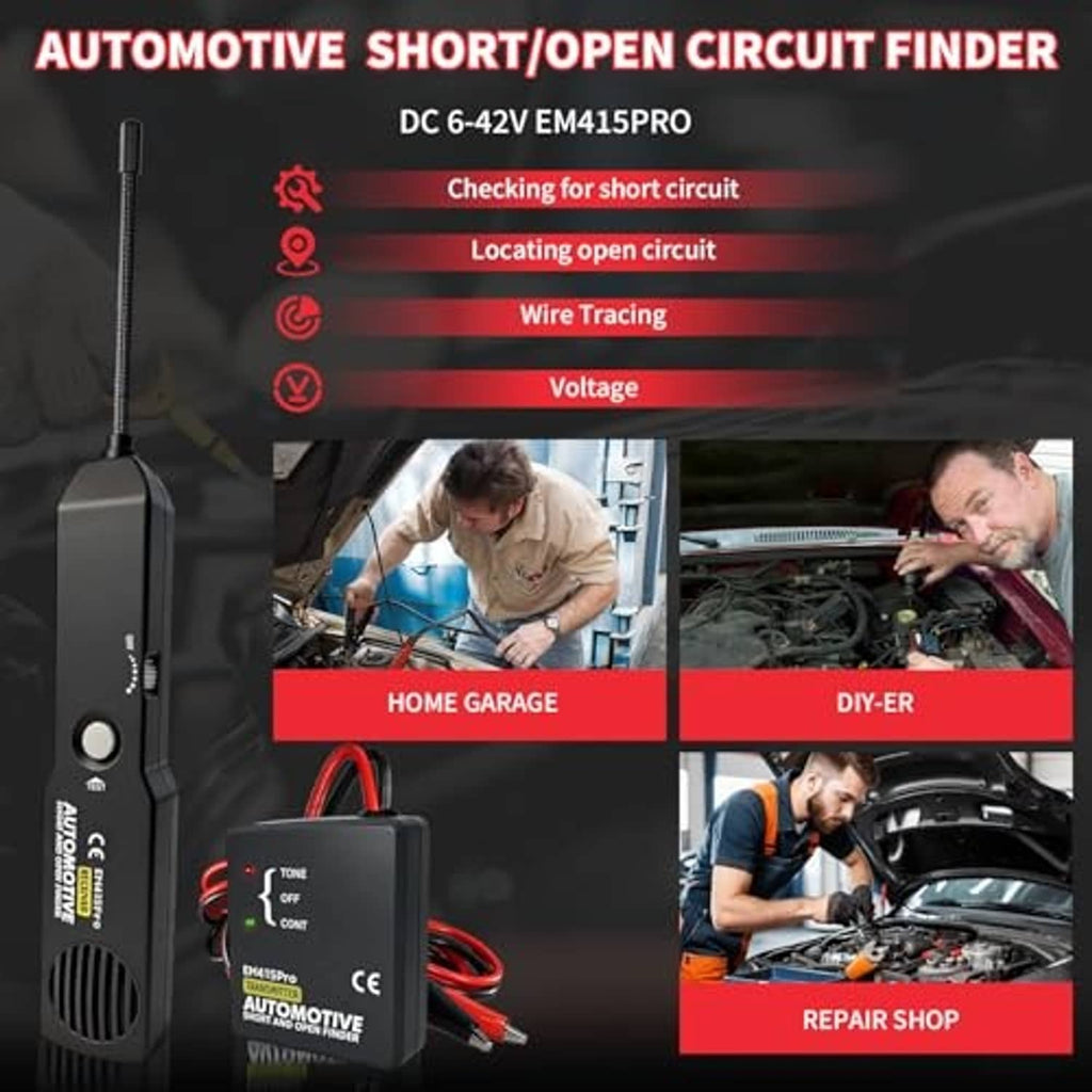 Automotive short/open circuit finder kit with receiver, probe, and connector leads