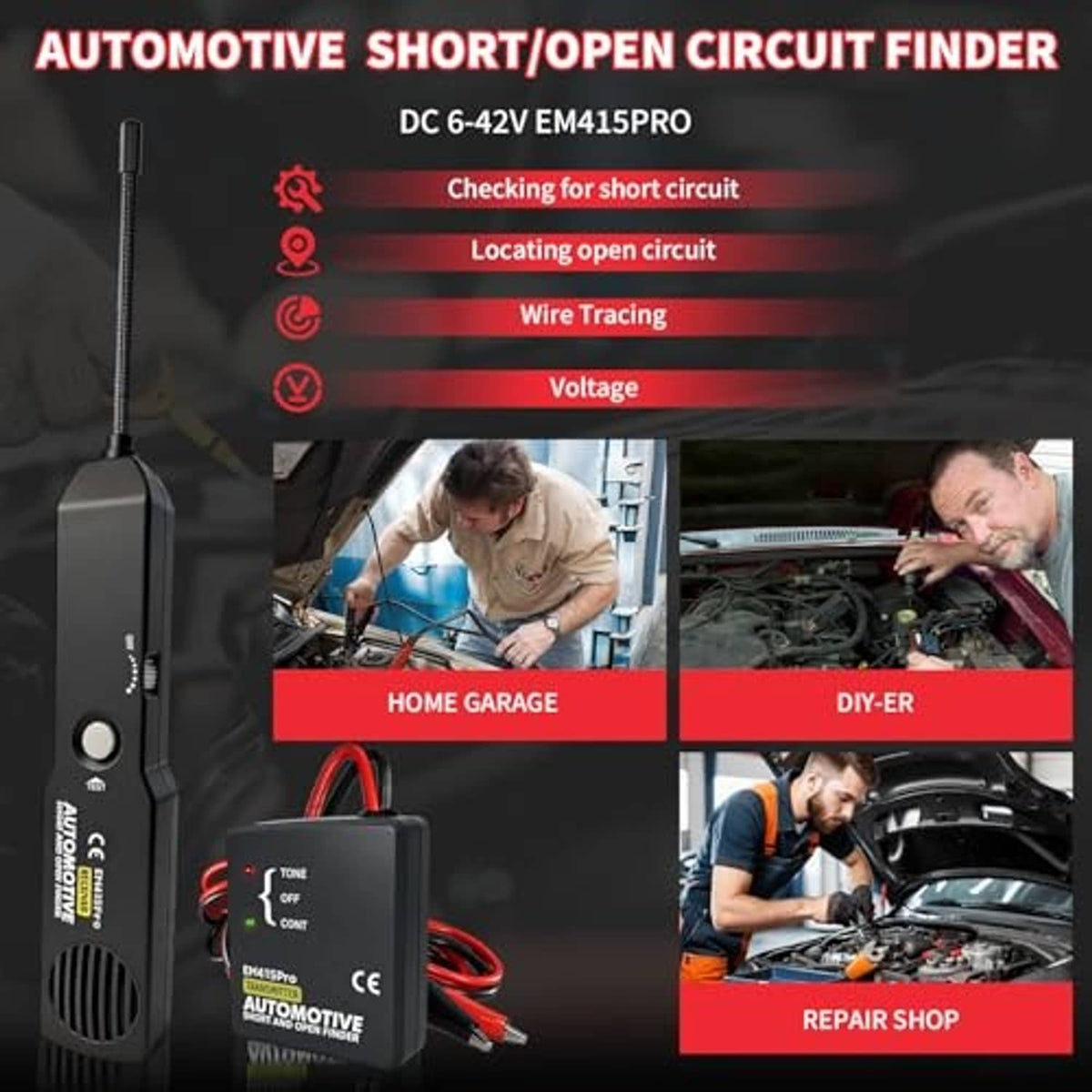 Automotive short/open circuit finder kit with receiver, probe, and connector leads