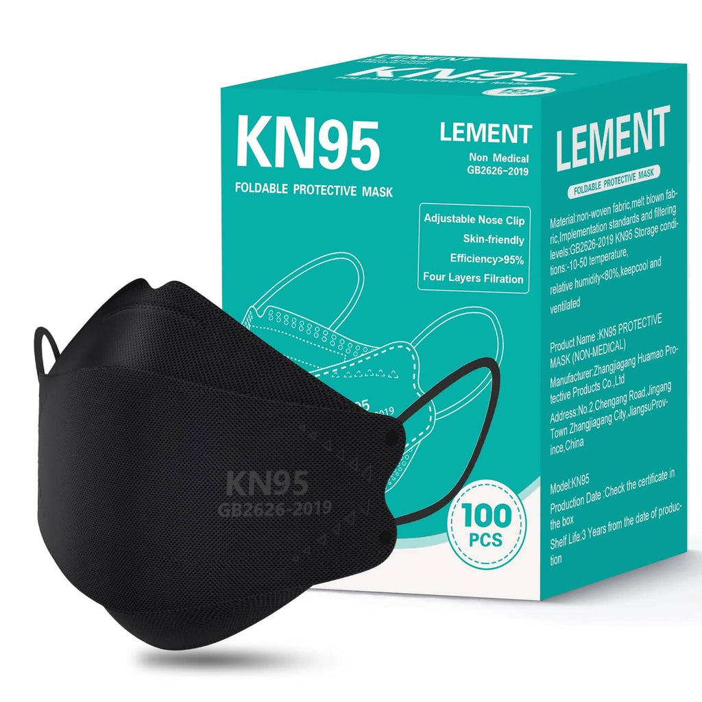 Black KN95 foldable protective face mask with ear loops, shown near pack box