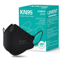 Black KN95 foldable protective face mask with ear loops, shown near pack box