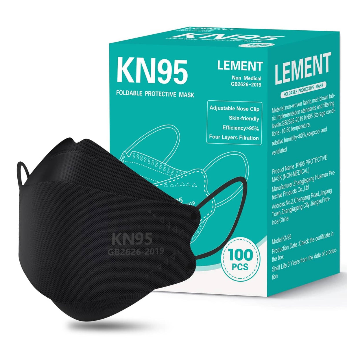 Black KN95 foldable protective face mask with ear loops, shown near pack box