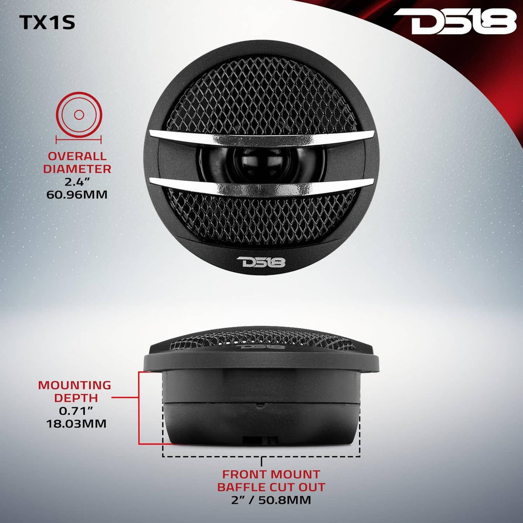 DS18 TX1S tweeter with black mesh dome and side cutaway showing the housing