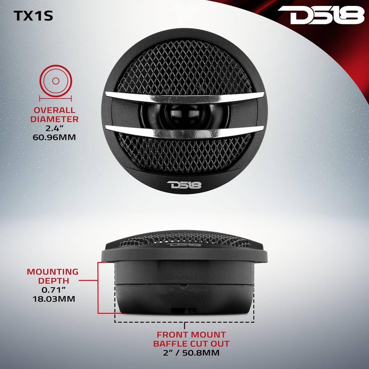 DS18 TX1S tweeter with black mesh dome and side cutaway showing the housing