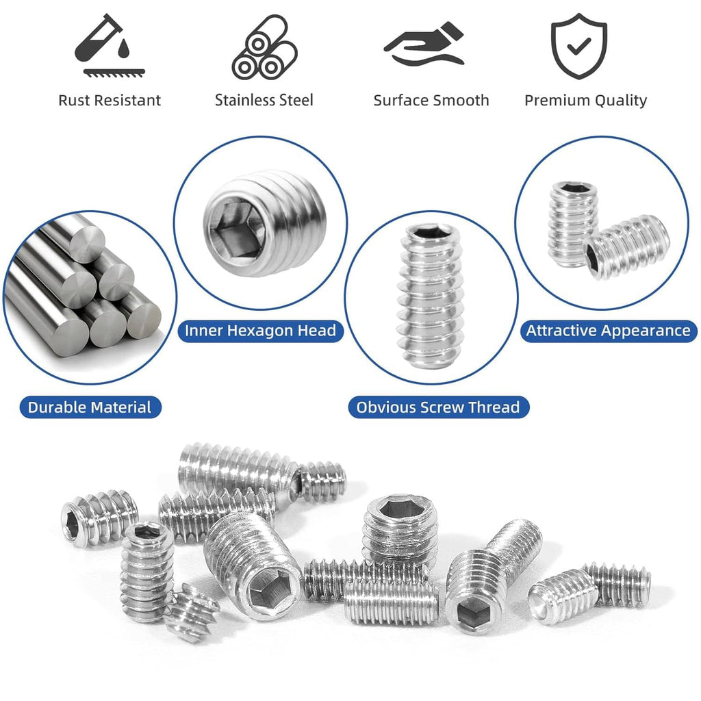 Stainless steel hex socket set screws with visible inner drive and threads