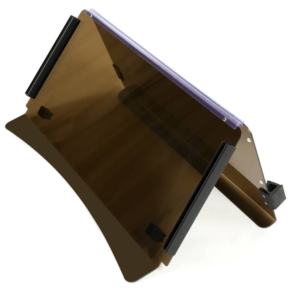 Tilted view of tinted folding windshield windscreen with bronze frame and black hardware