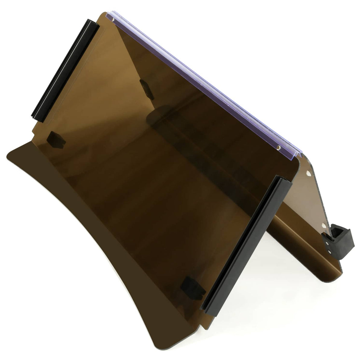 Tilted view of tinted folding windshield windscreen with bronze frame and black hardware