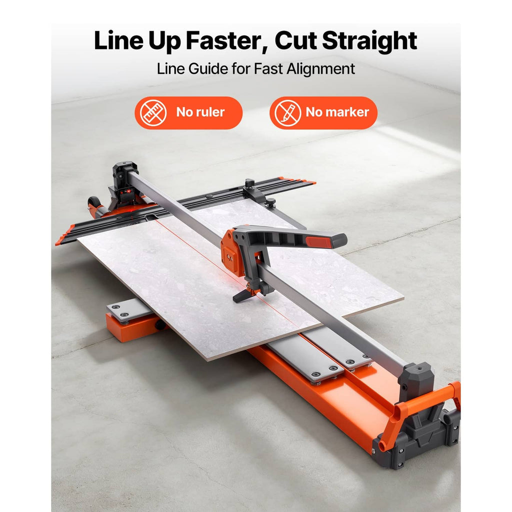 Manual tile cutter with orange frame, line guide, and two light ceramic tiles