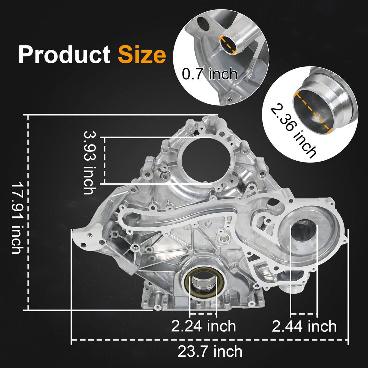 Timing cover with circular openings and machined edges, silver-gray metal