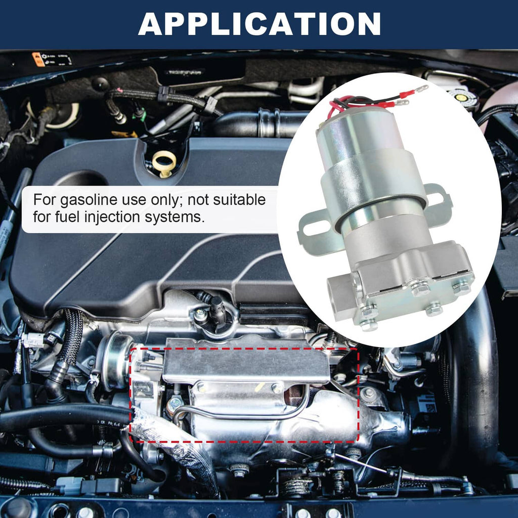 Electric fuel pump shown in engine bay area, silver and light blue