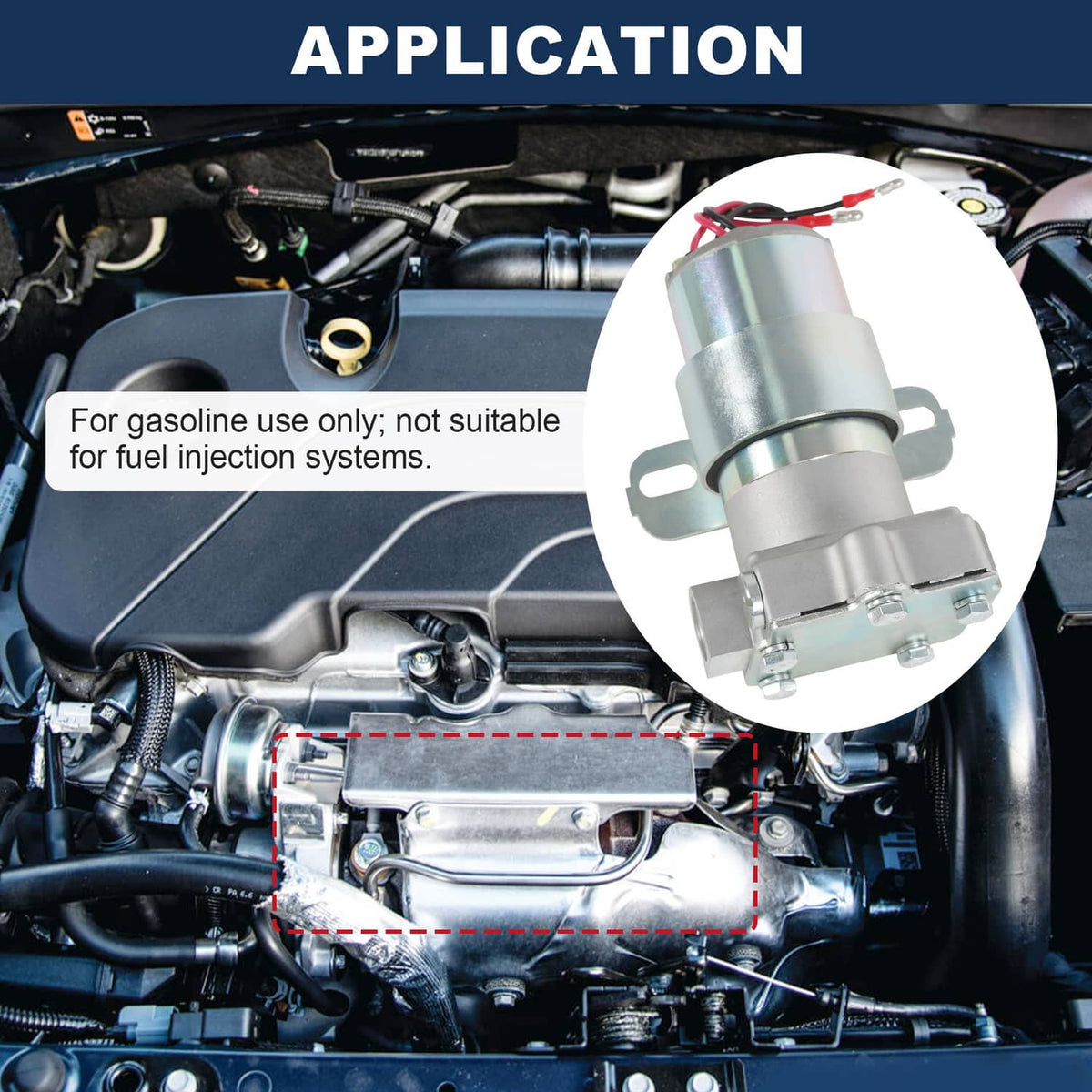 Electric fuel pump shown in engine bay area, silver and light blue
