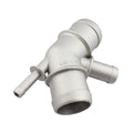 Aluminum radiator coolant pipe connector with two hose ports, light gray.