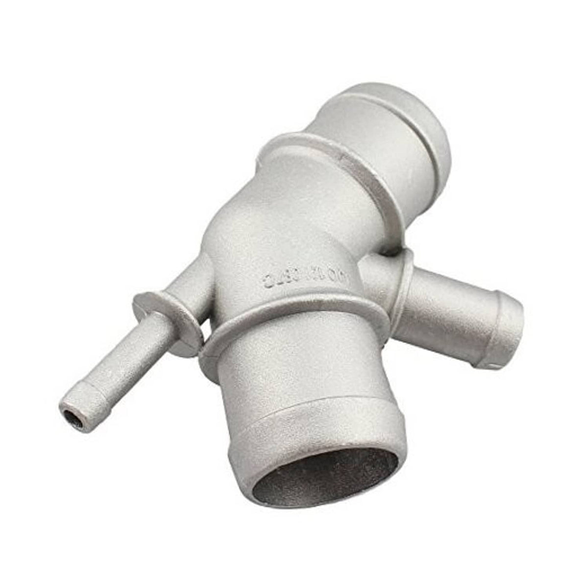 Aluminum radiator coolant pipe connector with two hose ports, light gray.
