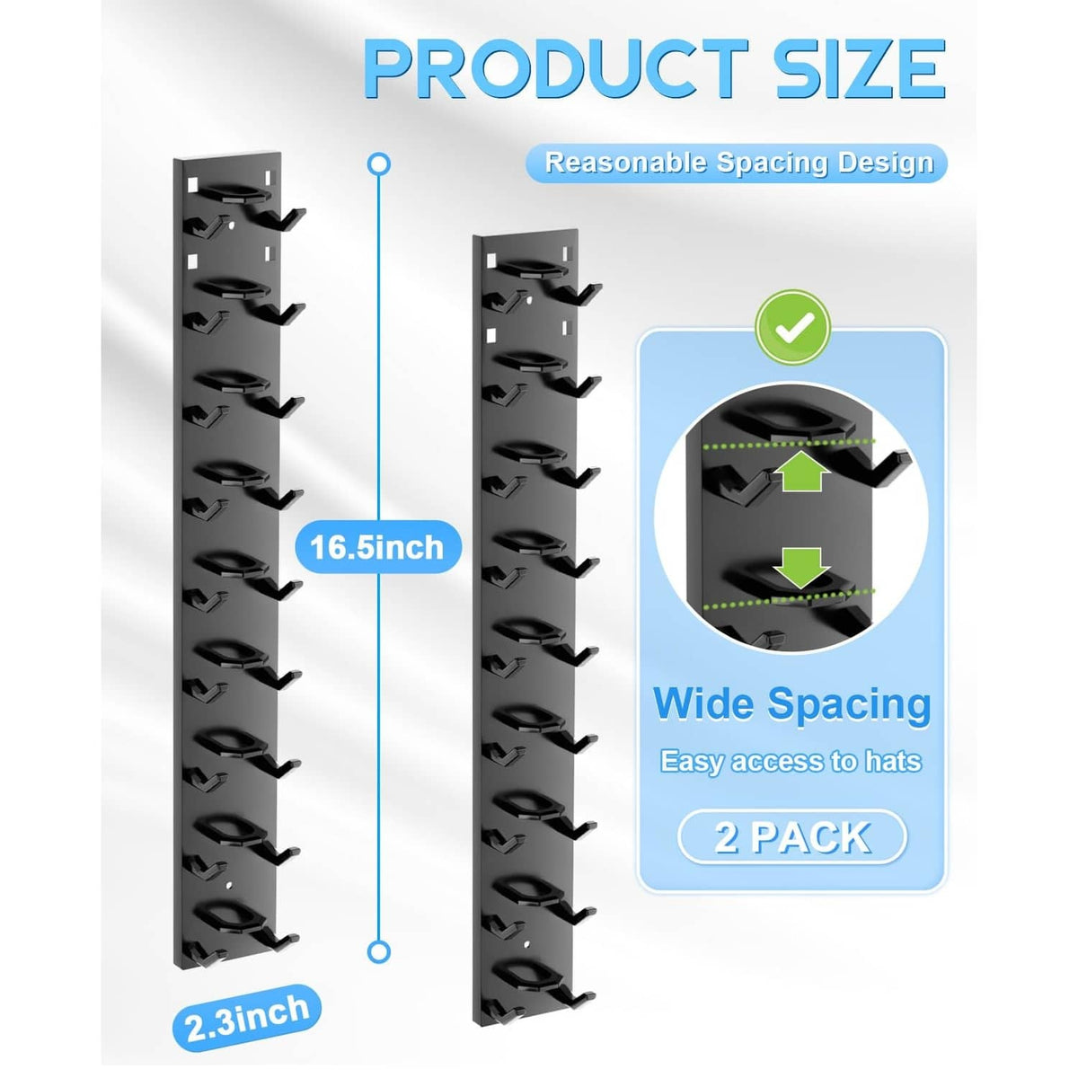 Black wall-mount hat rack panel with multiple cap holder slots for storing caps
