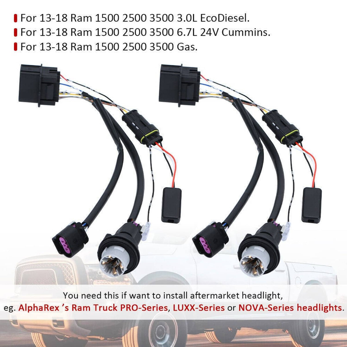 Projector headlight conversion harness with two plug-and-socket sets and gray headlamp pigtails