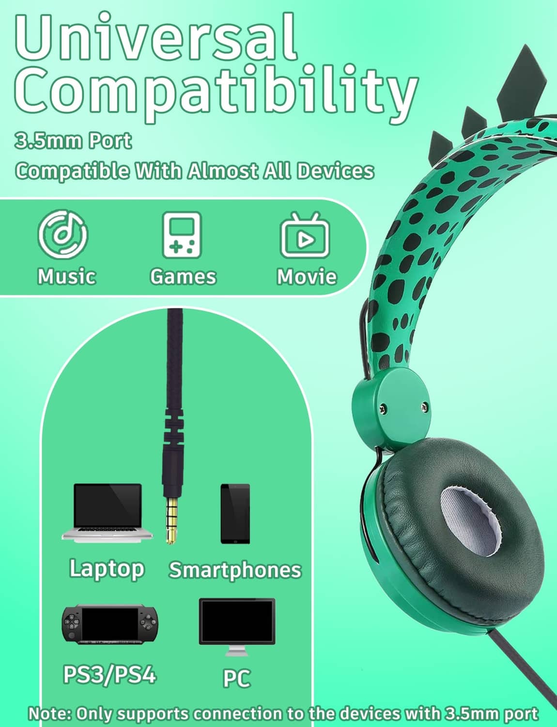 Green dinosaur kids wired headphones with 3.5mm plug and cushioned over-ear cups