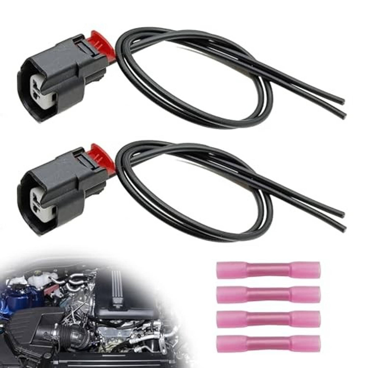 ABS wheel sensor wiring harness with two black connectors, twin wire leads, and pink heat-shrink