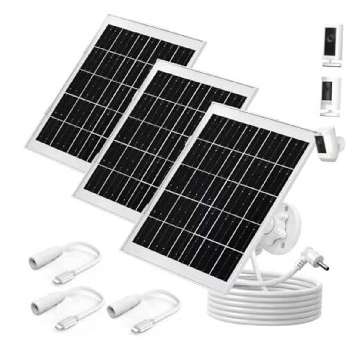 Solar panel kit with foldable panels, cables, and mounting bracket for outdoor spotlight cams