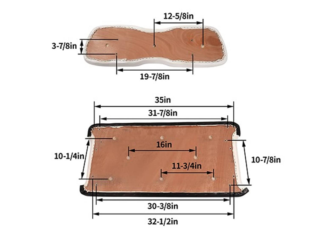 Brown-backed underside plate of white seat cushion with mounting holes