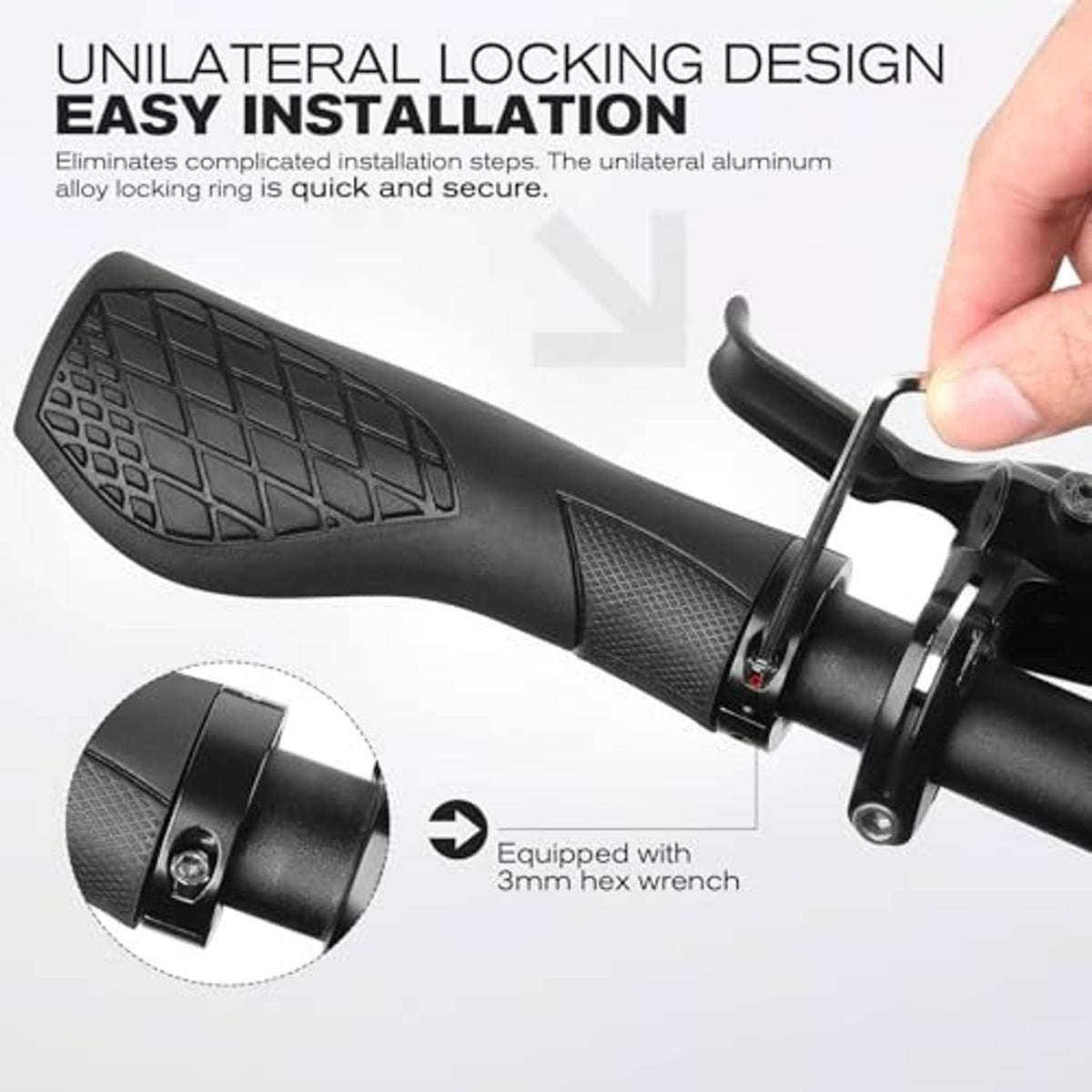 Black bike grips with unilaterally locking ring and textured grip pattern