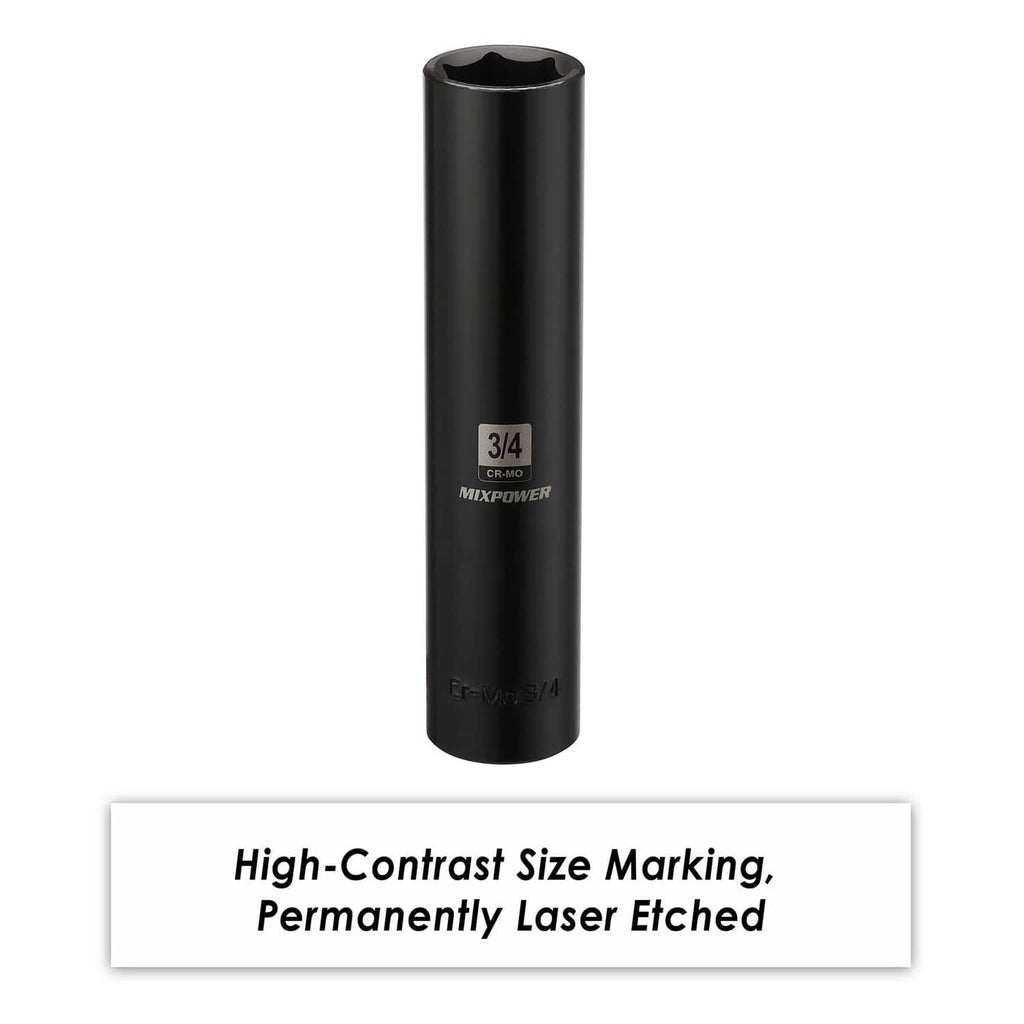 MIXPOWER black 3/4 in extra-long deep 6-point impact socket with etched size marking