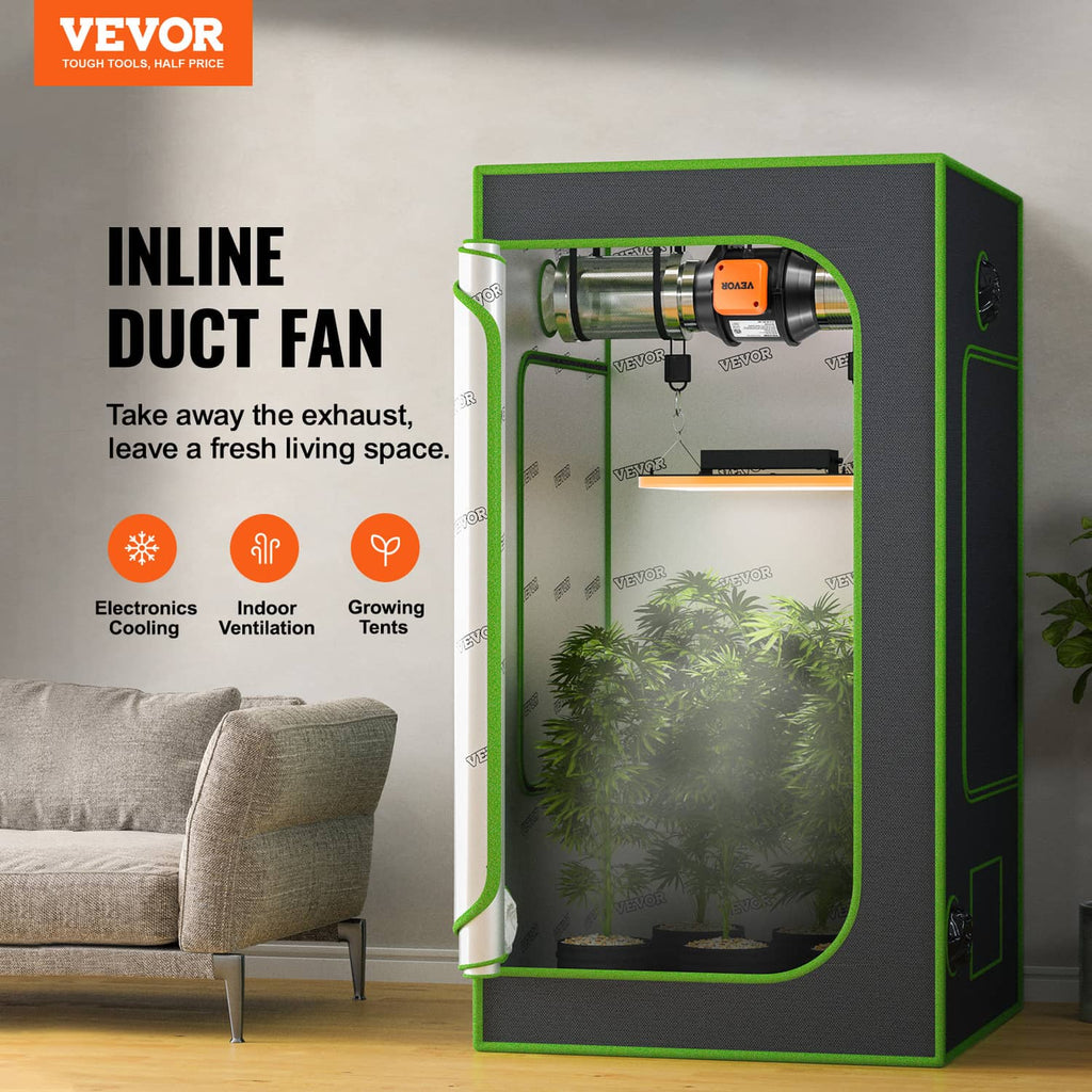 Inline duct fan mounted in a green-lined grow tent enclosure, VEVOR