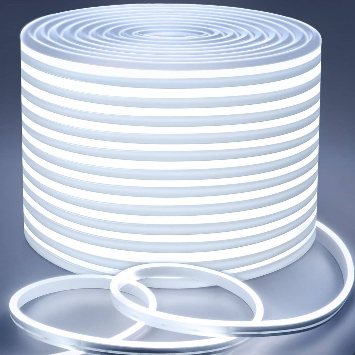 White LED neon rope light coil with smooth glowing tubing and evenly spaced strips
