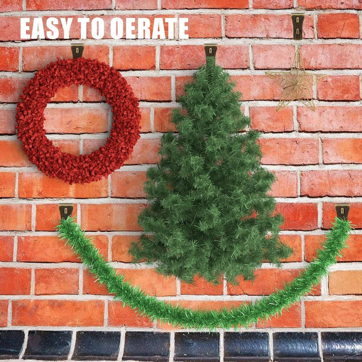 Bronze brick hanger clips securing a green Christmas wreath to a red brick wall