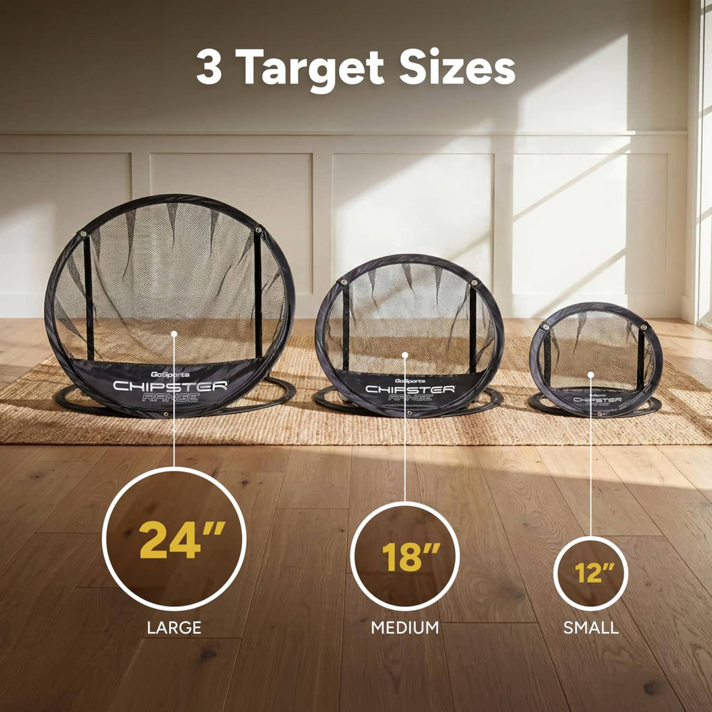 Three black golf chipping net targets with white mesh in large, medium, and small sizes