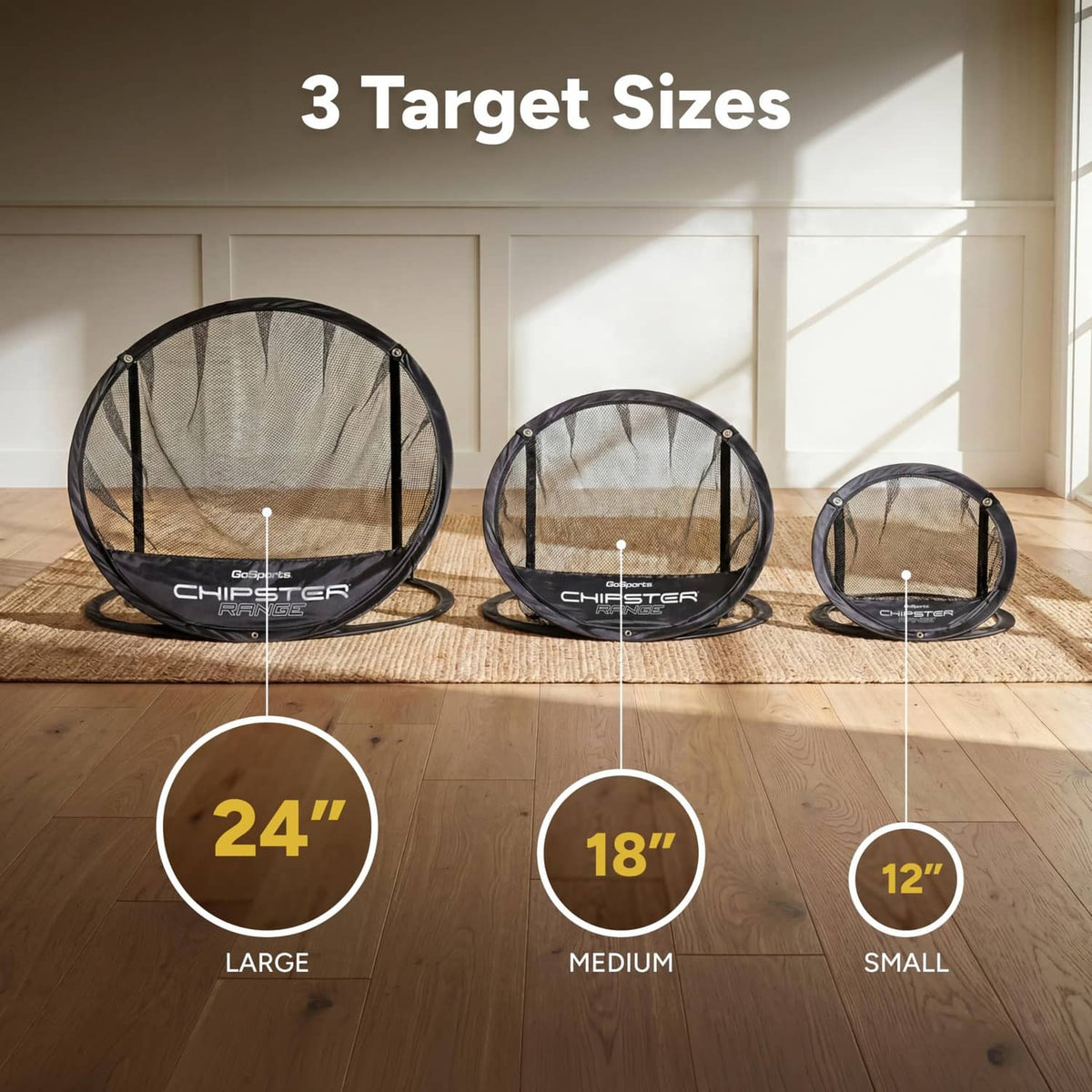 Three black golf chipping net targets with white mesh in large, medium, and small sizes