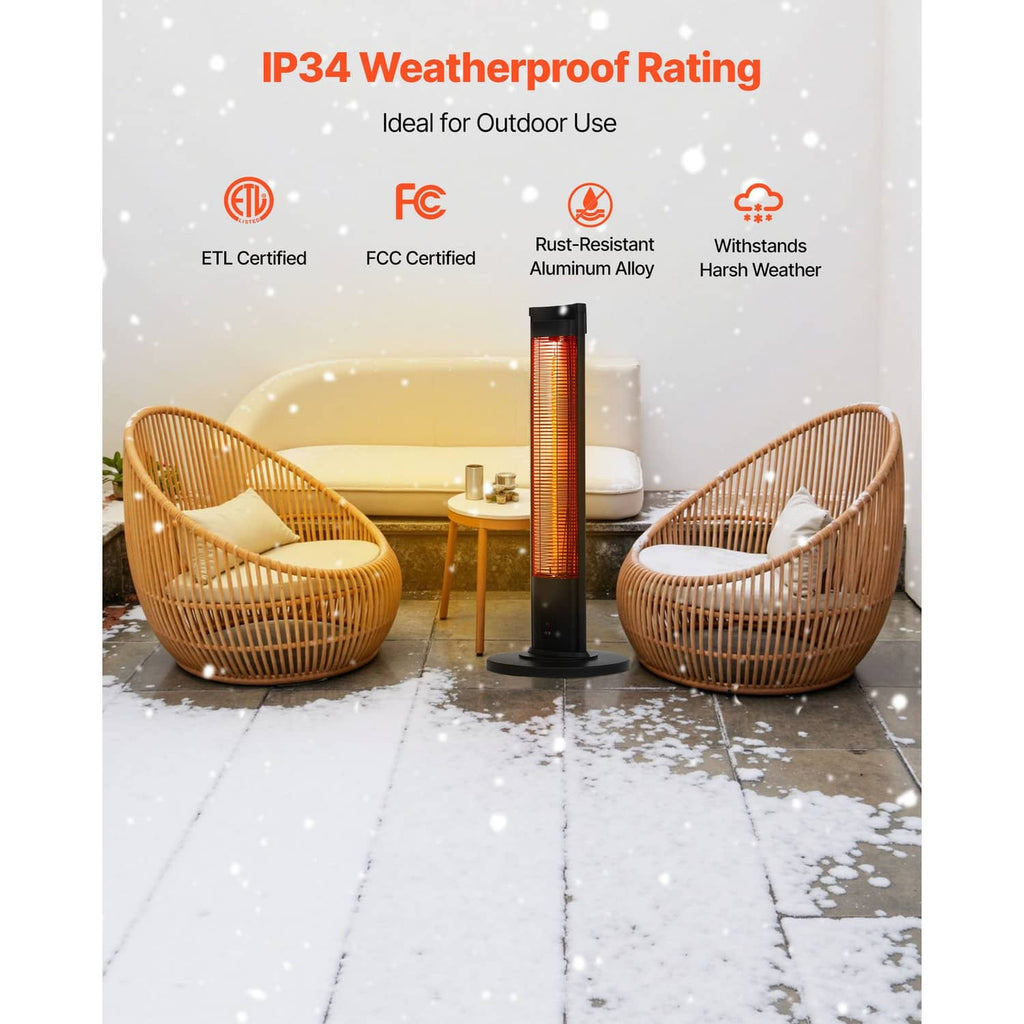 Infrared space heater tower with glowing tube in a weather-resistant black design