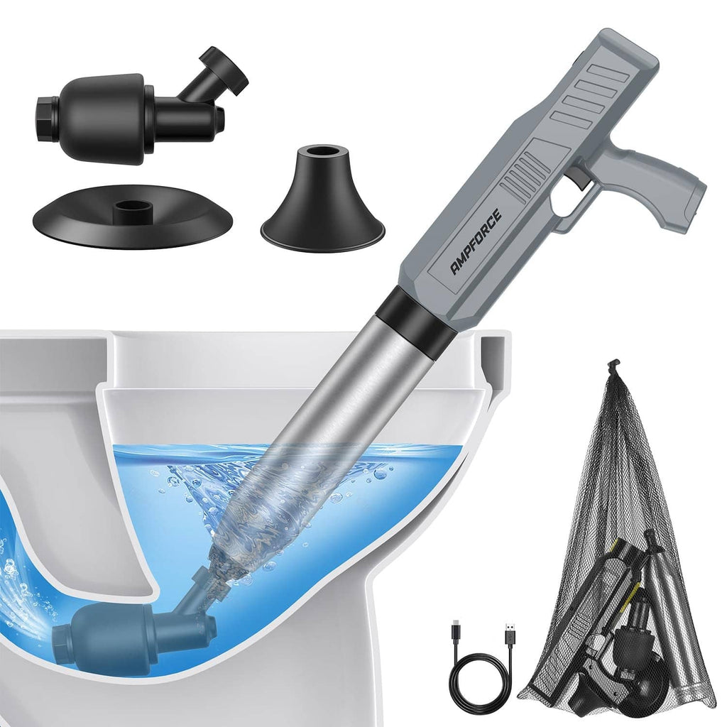 Electric toilet plunger with dark gray base and funnel nozzles for clog removal
