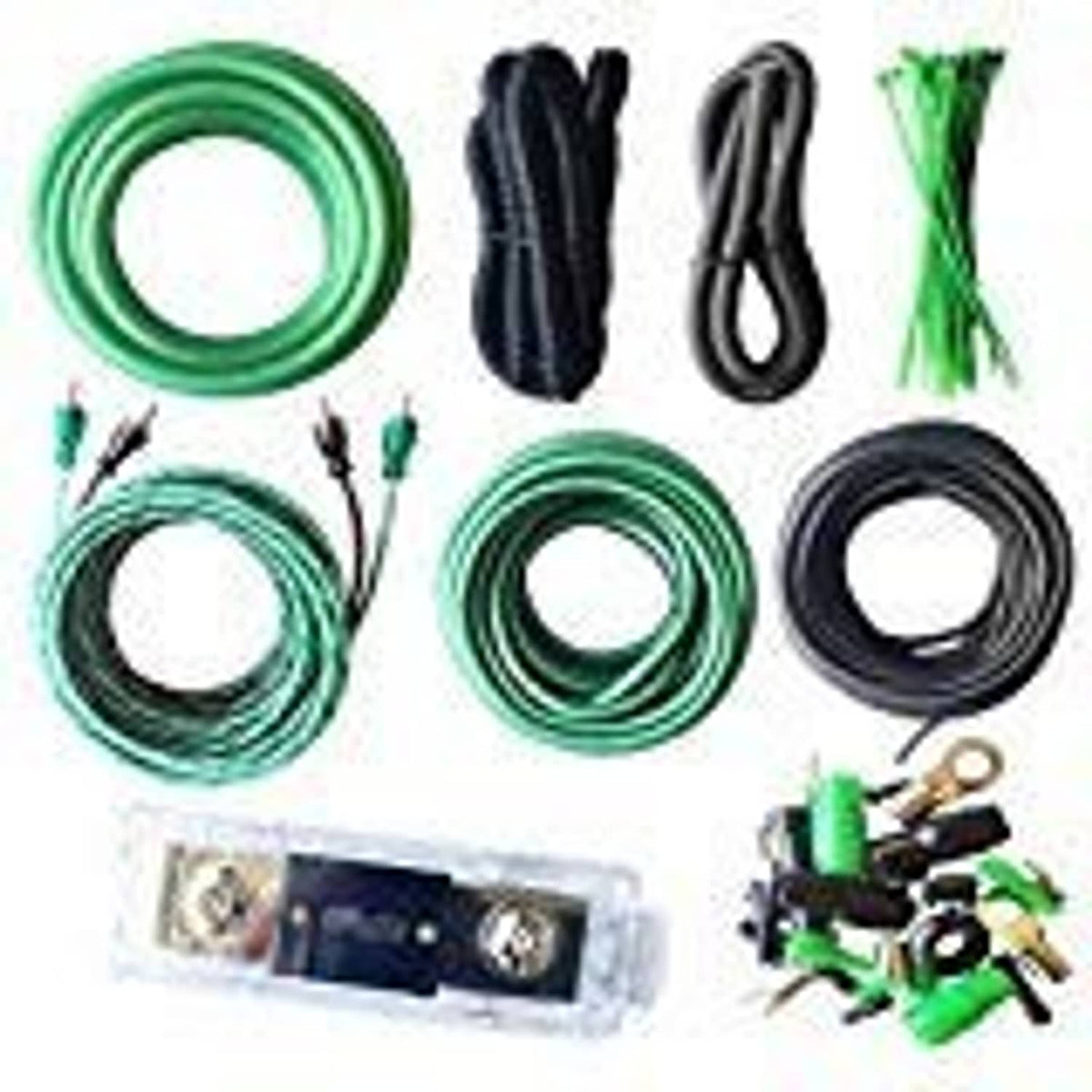4-gauge amplifier wiring kit with 20 ft power cable, green wire, connectors and fuse