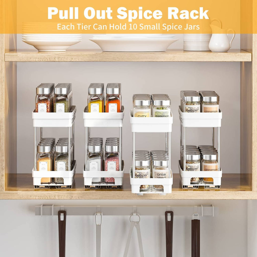 White pull-out spice rack organizer with four pullout tiers for spice jars