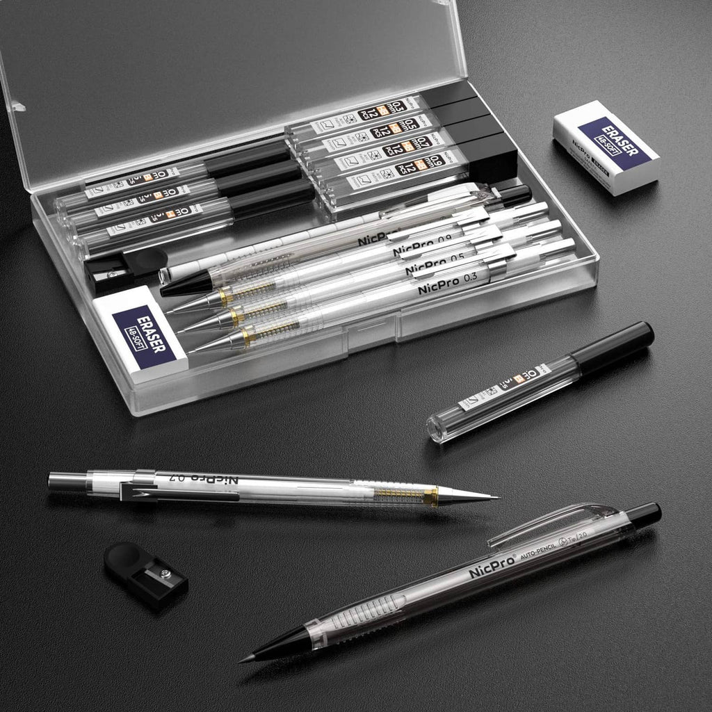 Mechanical drafting pencil set in clear case with assorted pencils and refill eraser