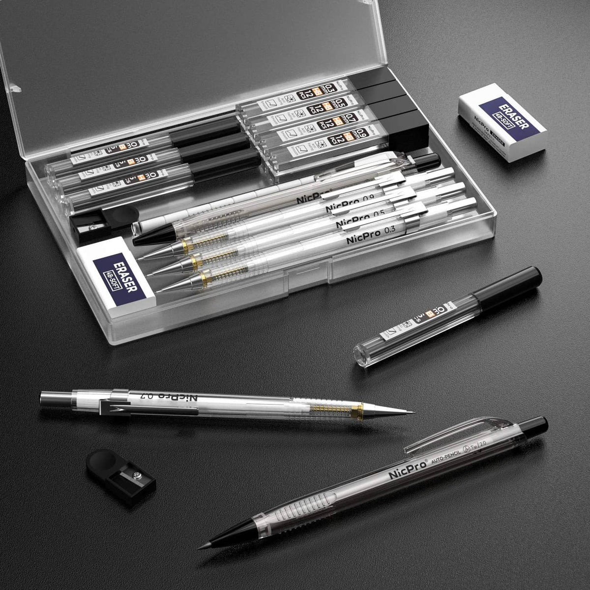 Mechanical drafting pencil set in clear case with assorted pencils and refill eraser