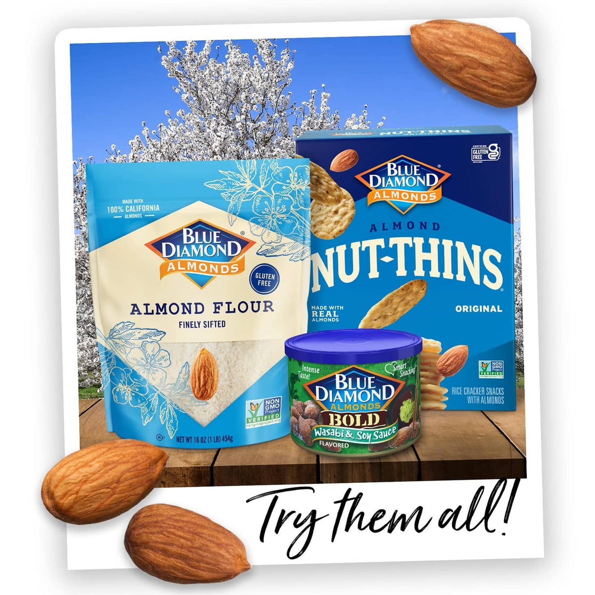 Blue Diamond almond flour, nut-thins, almond spread and lightly salted almonds sampler box