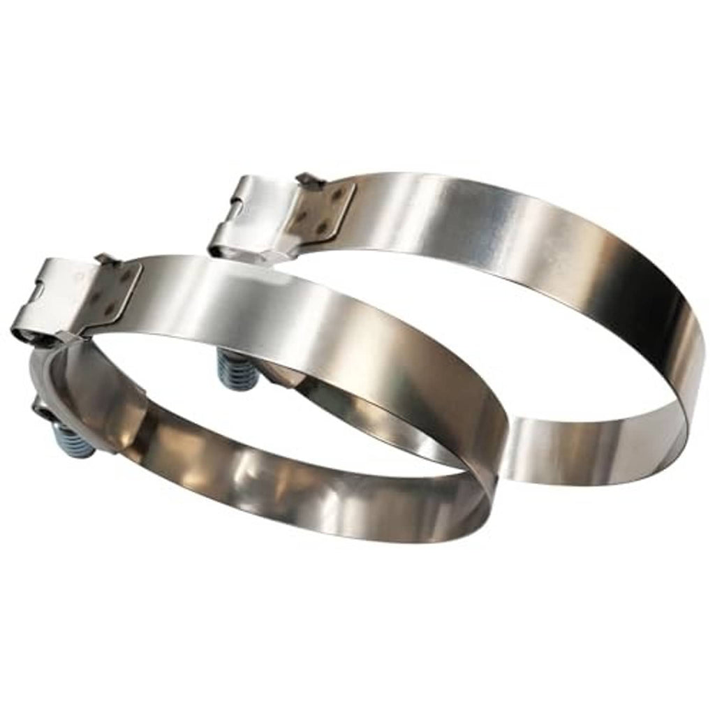 Stainless steel T-bolt hose clamp with wide band and spring-loaded bolt housing, close view