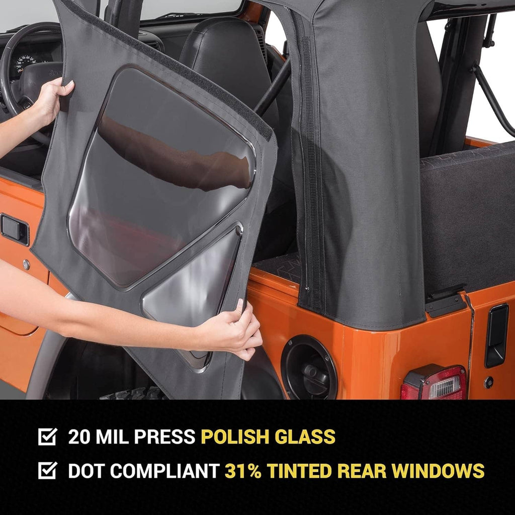 Jeep Wrangler TJ rear soft top side panel with clear window and dark gray mesh