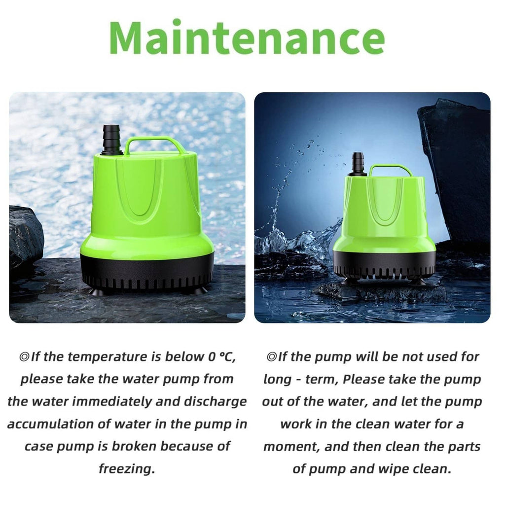 Green submersible fountain pump for maintenance with water cleaning guidance