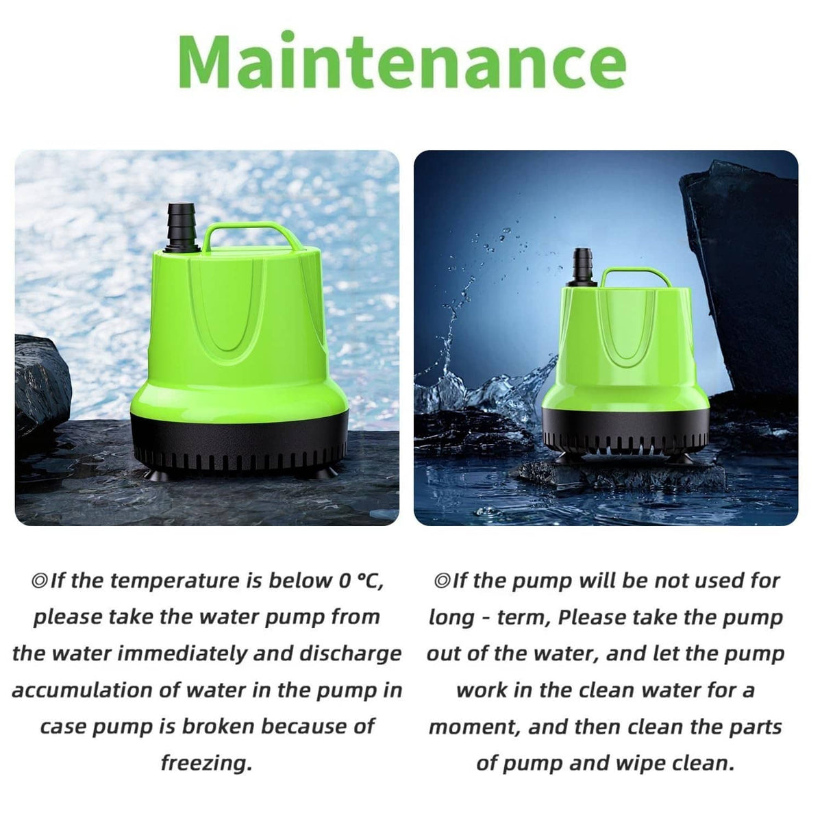 Green submersible fountain pump for maintenance with water cleaning guidance