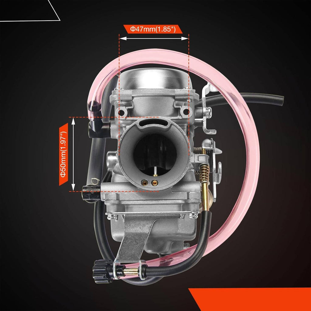 Carburetor with circular intake port, metal housing and pink fuel line