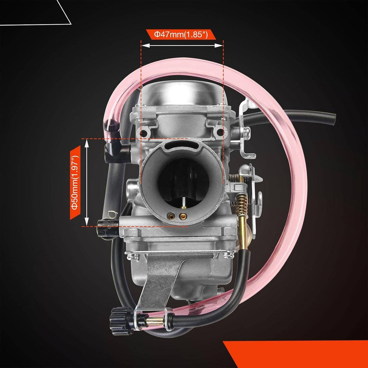 Carburetor with circular intake port, metal housing and pink fuel line
