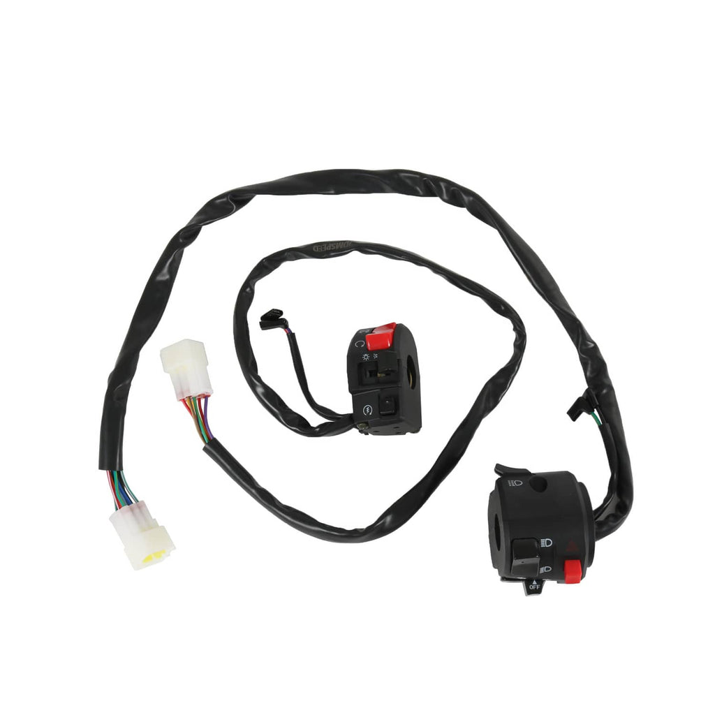 Motorcycle handlebar switch pair with black housings, red buttons, and wire harness