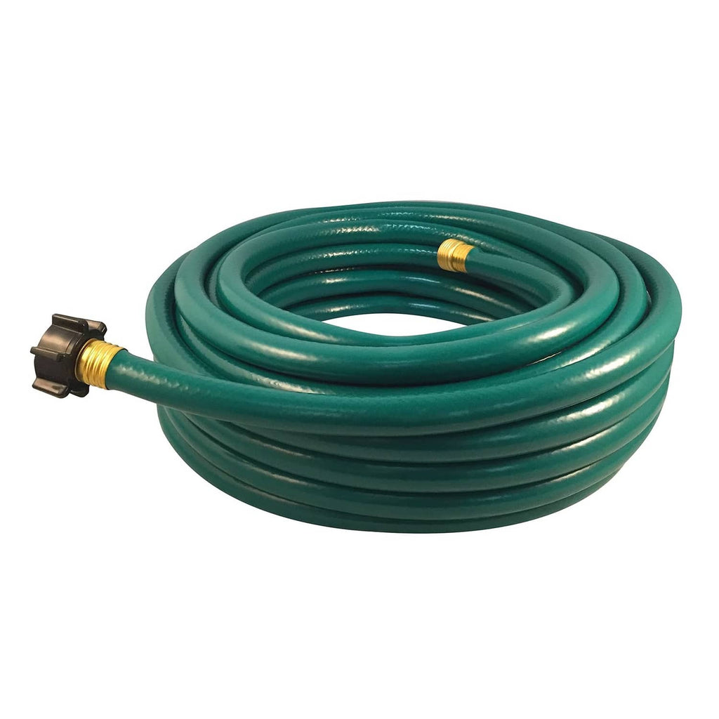 Coiled green garden hose, 25 ft length, with brass male adapter