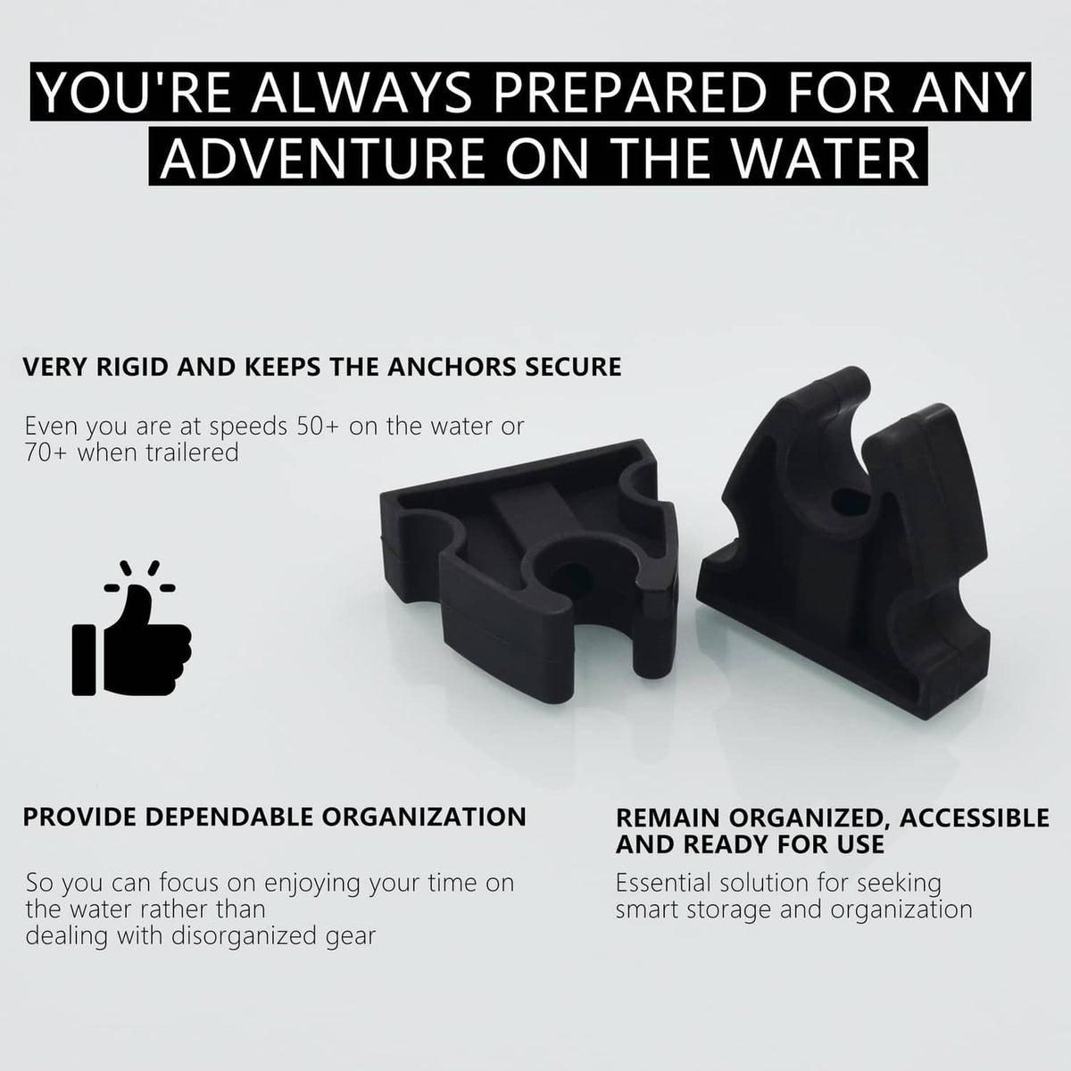 Black rubber boat light storage clips, two curved holders with central opening
