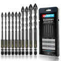 Masonry concrete drill bit set with multiple black spiral bits and blister card