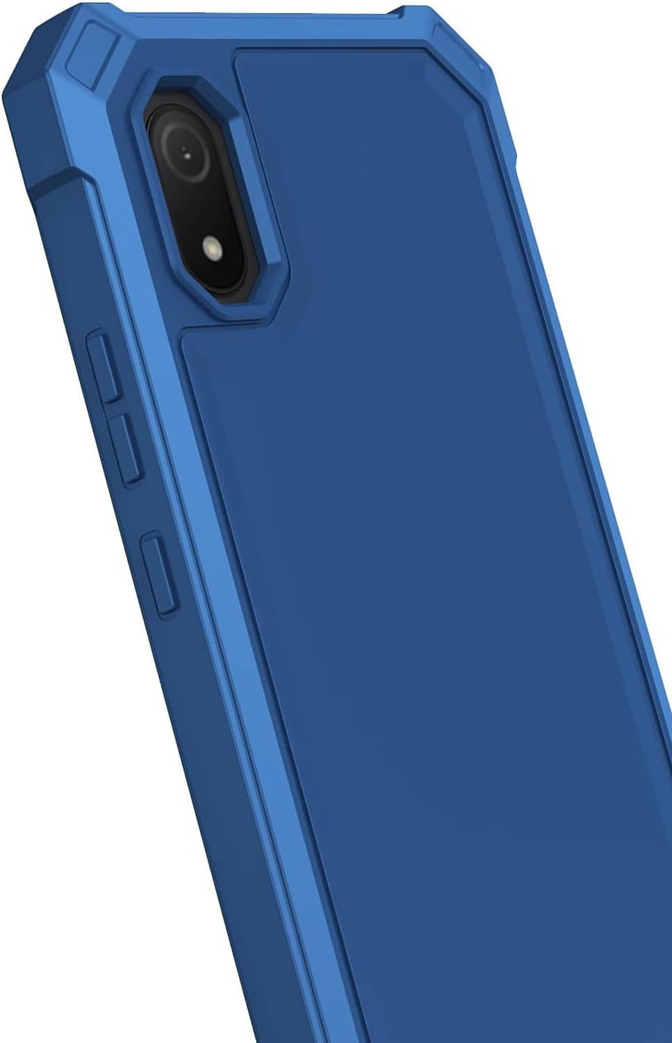Blue rugged phone case back view with camera cutout and speaker opening