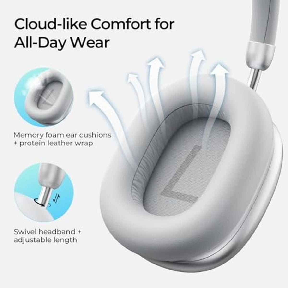 Silver over-ear headphones with padded memory-foam ear cushions and adjustable headband
