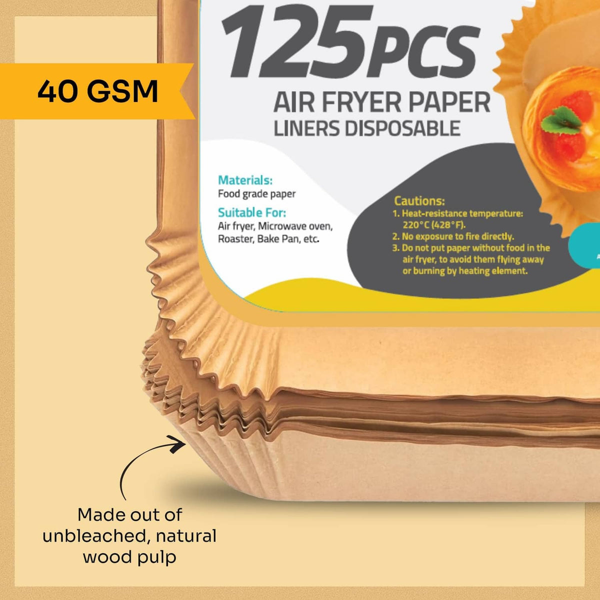 Tan air fryer paper liner stack, rectangle sheets with scalloped ruffled edges